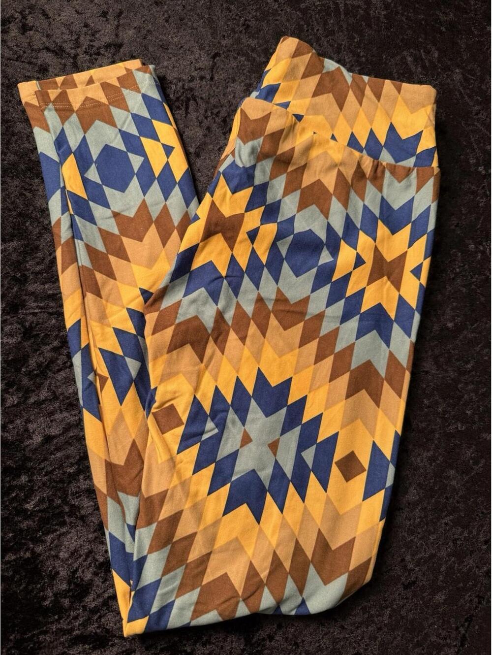 LuLaRoe Leggings One Size OS Tan Brown Blue Yellow  Print Buttery Soft NWOT
